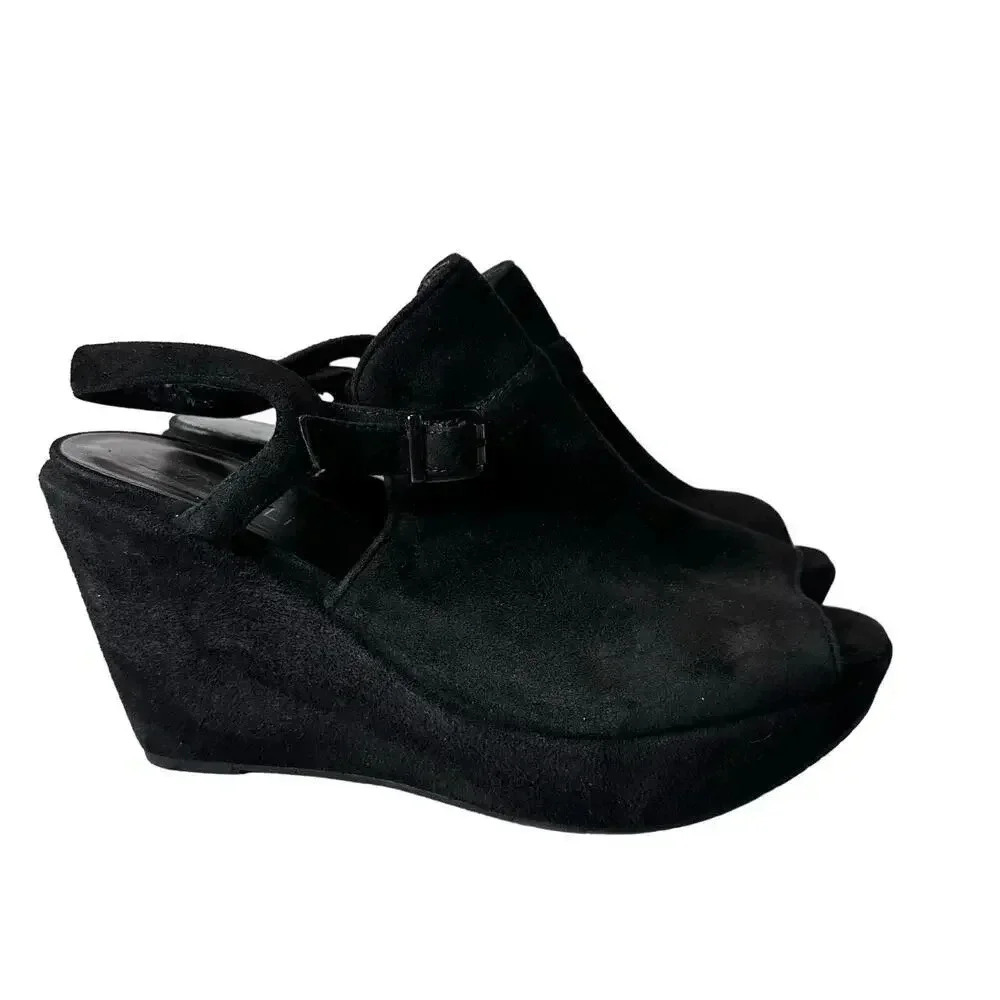 Vaneli Wedge Sandals 9W Black Suede Open Toe Platform Buckle Ankle Strap